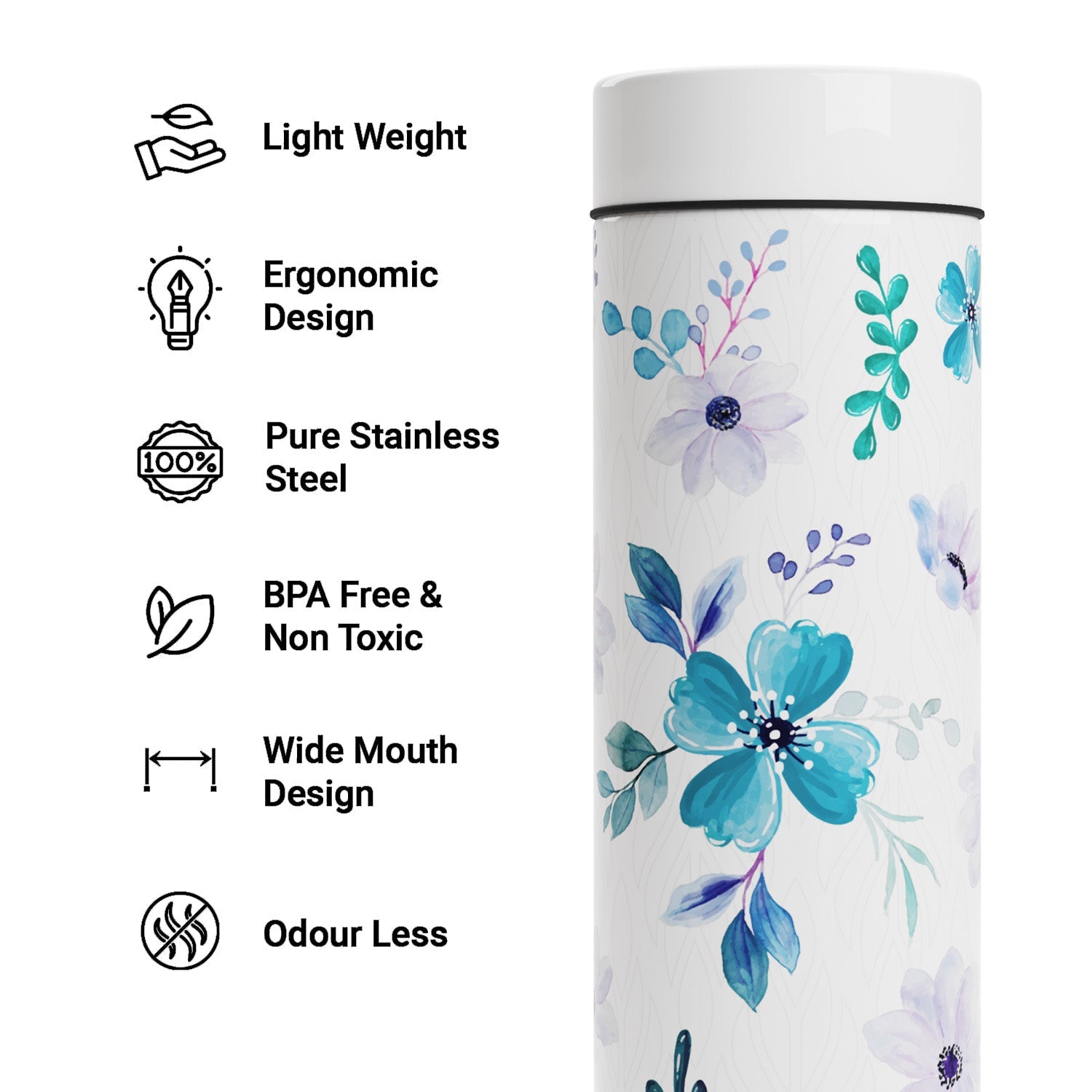 EB Everything Beautiful Steel Water bottle 1 litre #color_White Flower #size_750ml