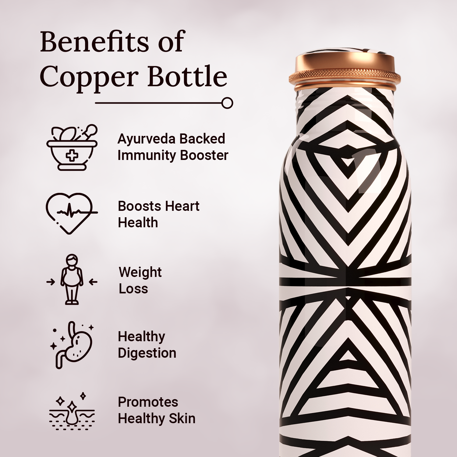 white abstract design copper bottle copper water bottle 1 litre printed copper bottle benefits of copper water #color_white abstract