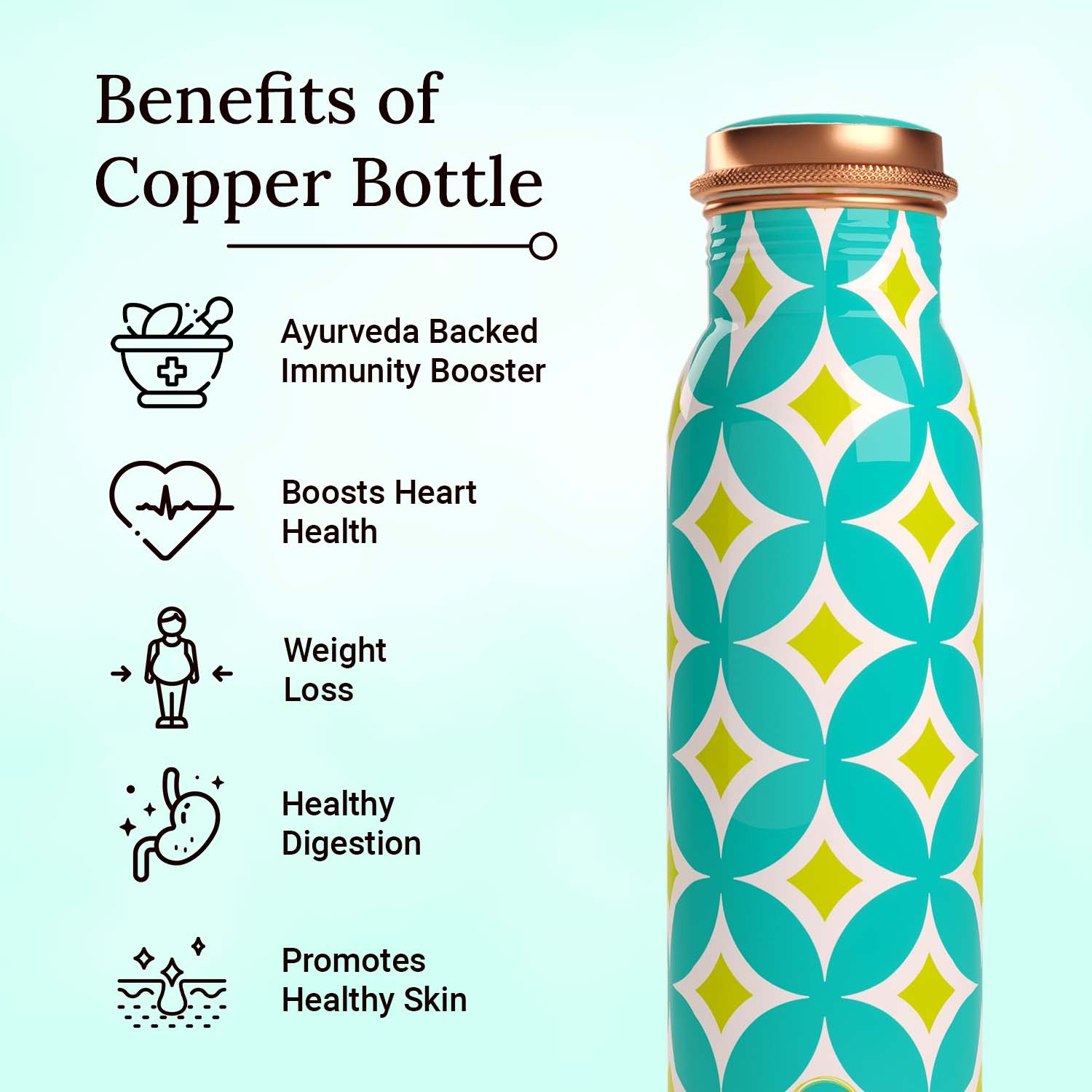 Aqua Batik Geometric design copper bottle copper water bottle 1 litre printed copper bottle benefits of copper water #color_aqua batik geometric