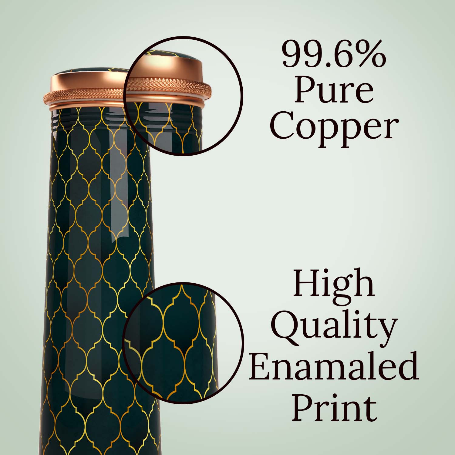 Green Gold Moroccan design copper bottle copper water bottle 750ml printed copper bottle benefits of copper water #color_green gold moroccan