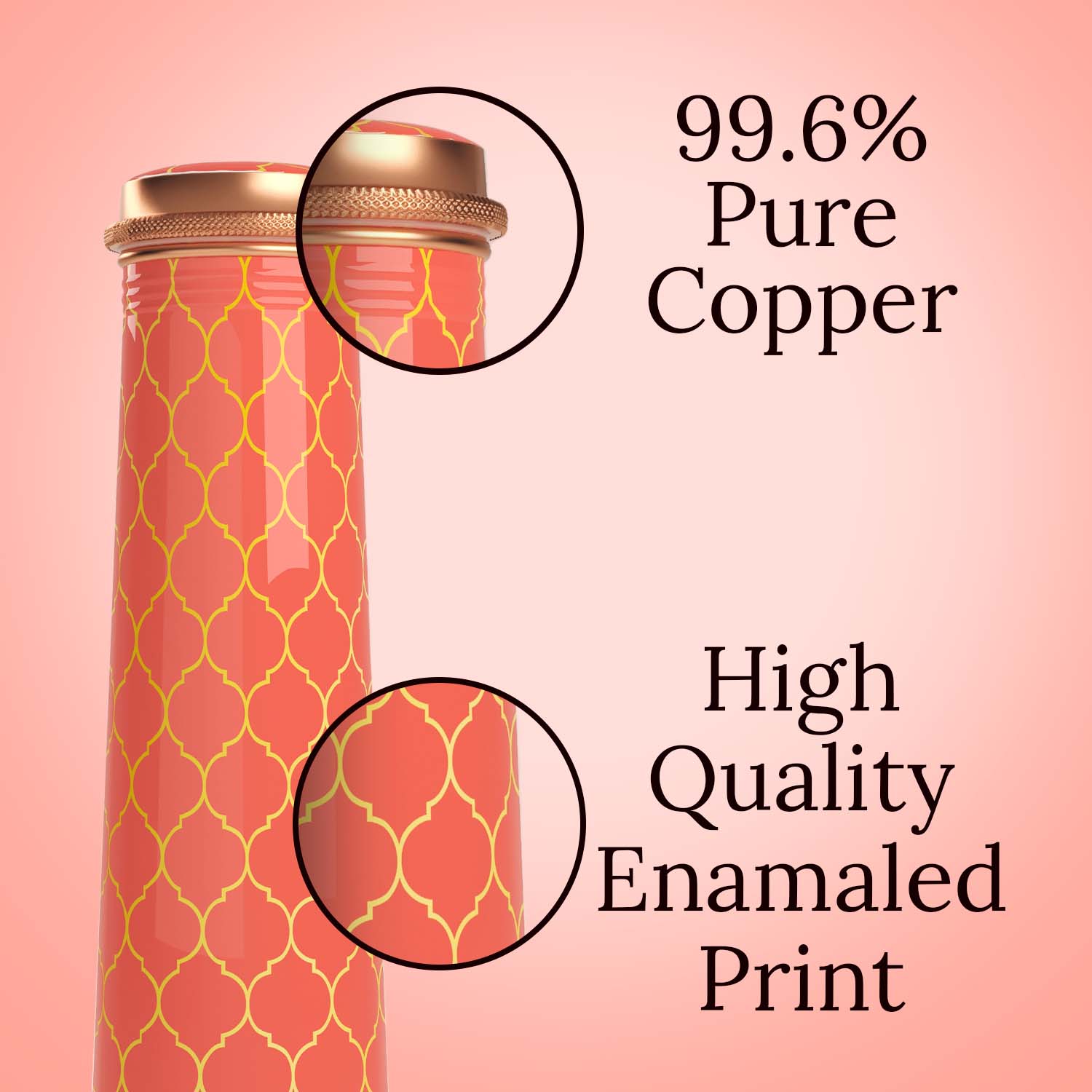 Coral Gold Moroccan design copper bottle copper water bottle 750ml printed copper bottle benefits of copper water #color_coral gold moroccan