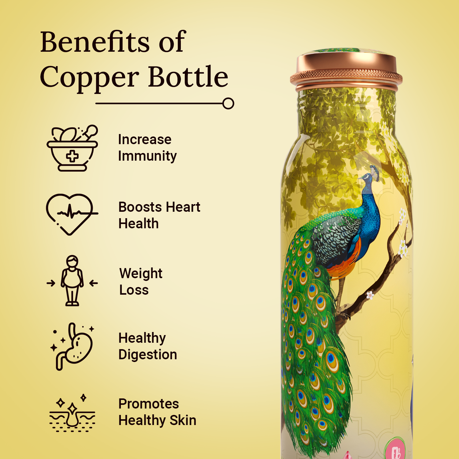 elegant peacock design copper bottle copper water bottle 1 litre printed copper bottle benfits of copper water #color_elegant peacock