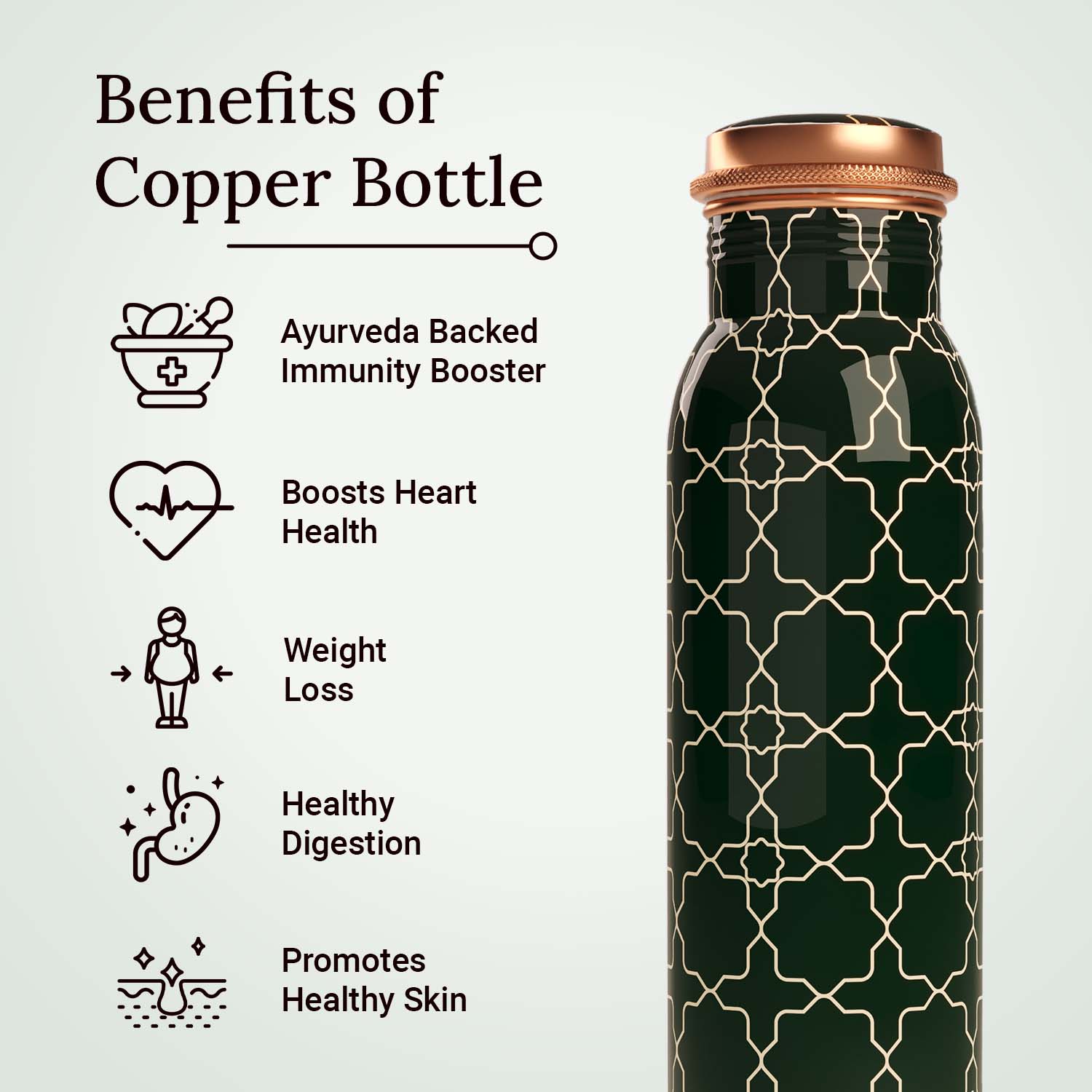 Green Arabic design copper bottle copper water bottle 1 litre printed copper bottle benefits of copper water #color_arabic green