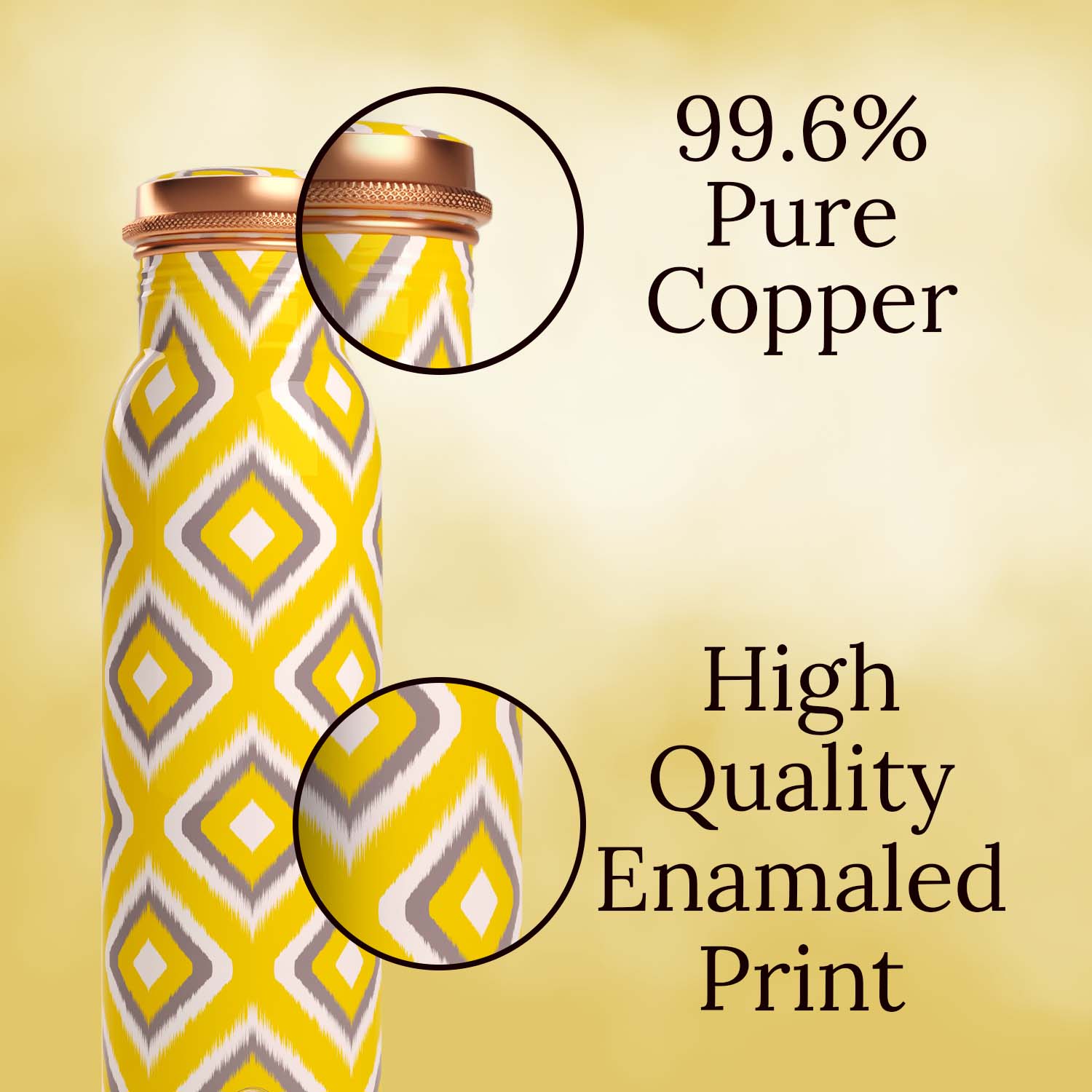 Ikkat Yellow Grey design copper bottle copper water bottle 1 litre printed copper bottle benefits of copper water #color_grey yellow ikkat