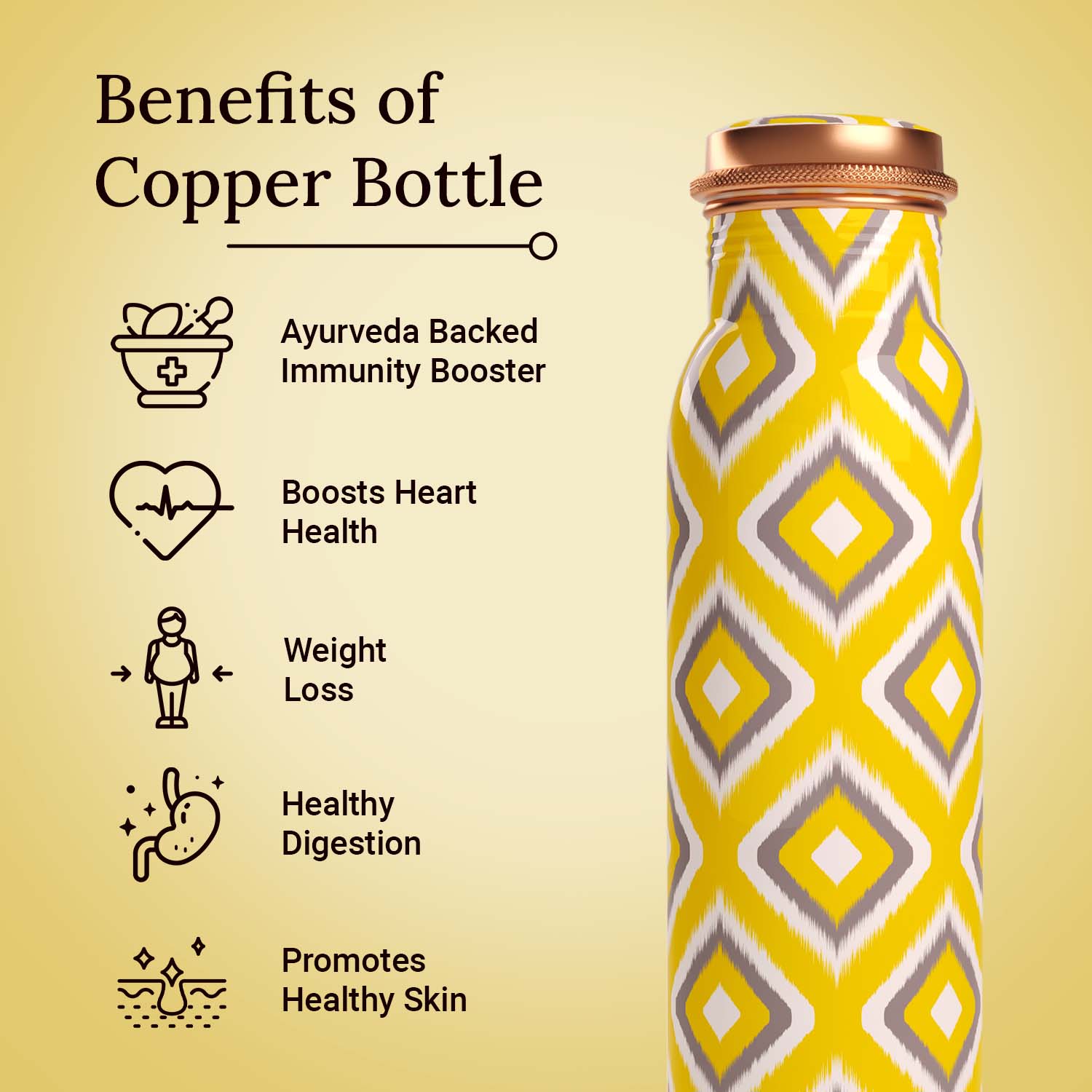 Ikkat Yellow Grey design copper bottle copper water bottle 1 litre printed copper bottle benefits of copper water #color_grey yellow ikkat