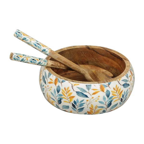 Floral Meadow Wooden Salad Bowl With Servers