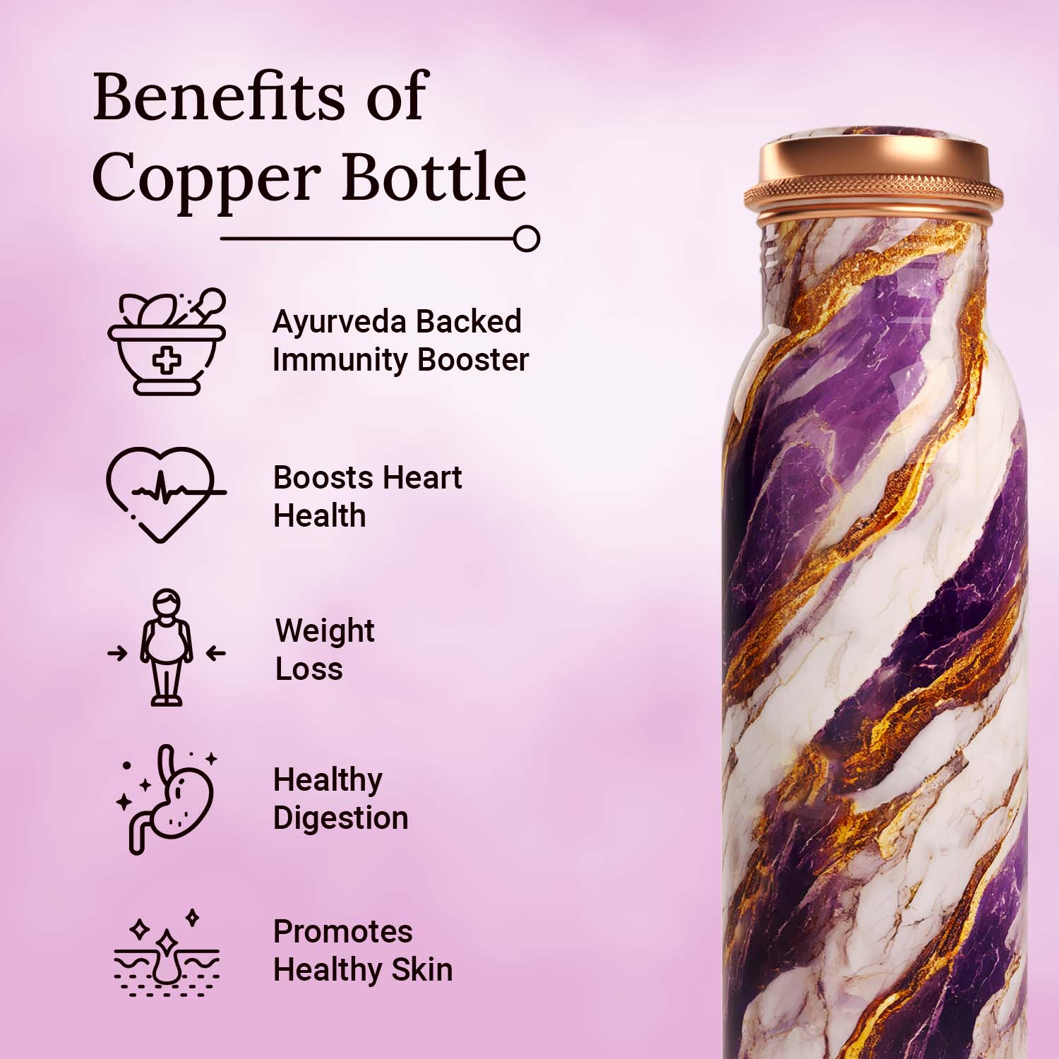 purple gold marble design copper bottle copper water bottle 1 litre printed copper bottle benfits of copper water #color_purple gold marble