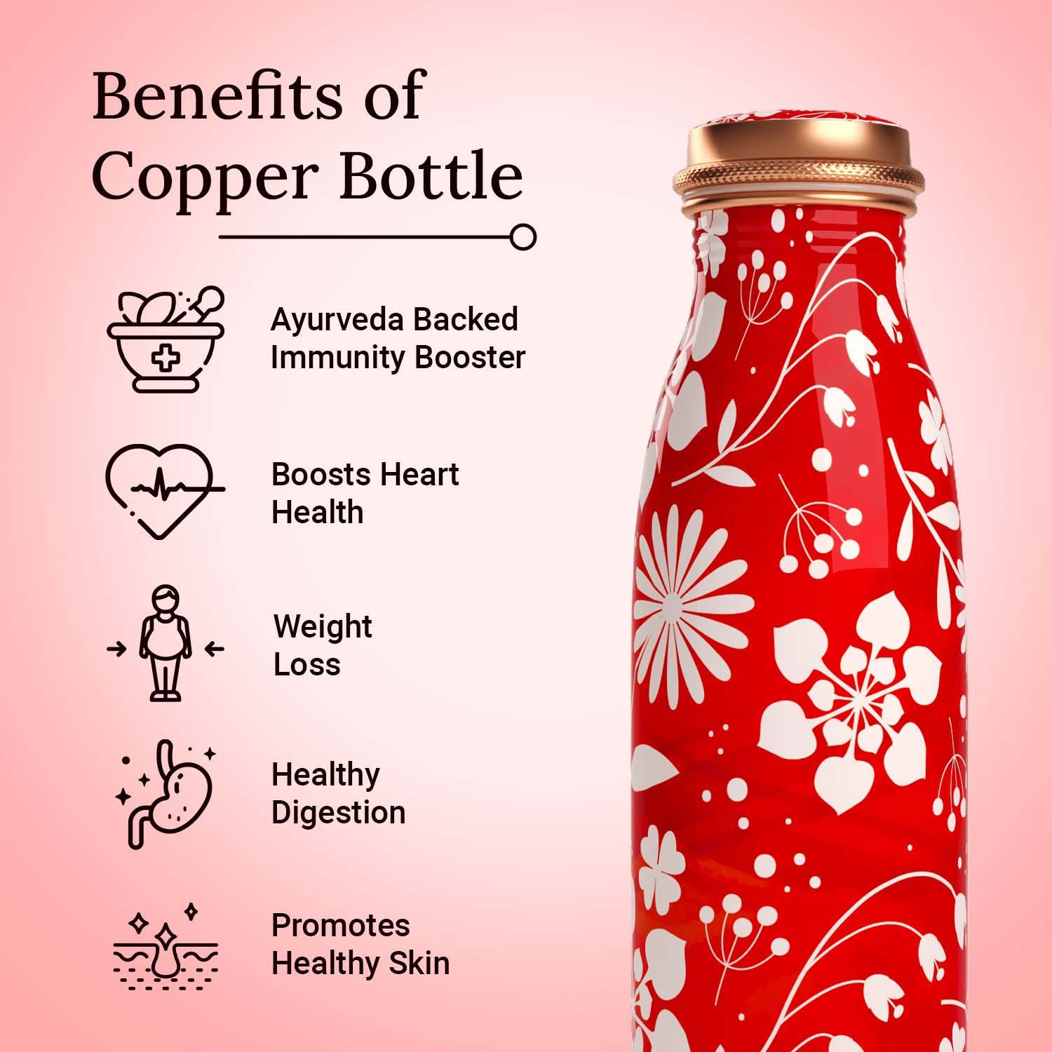 red block floral design copper bottle copper water bottle 1 litre printed copper bottle benfits of copper water #color_red block floral