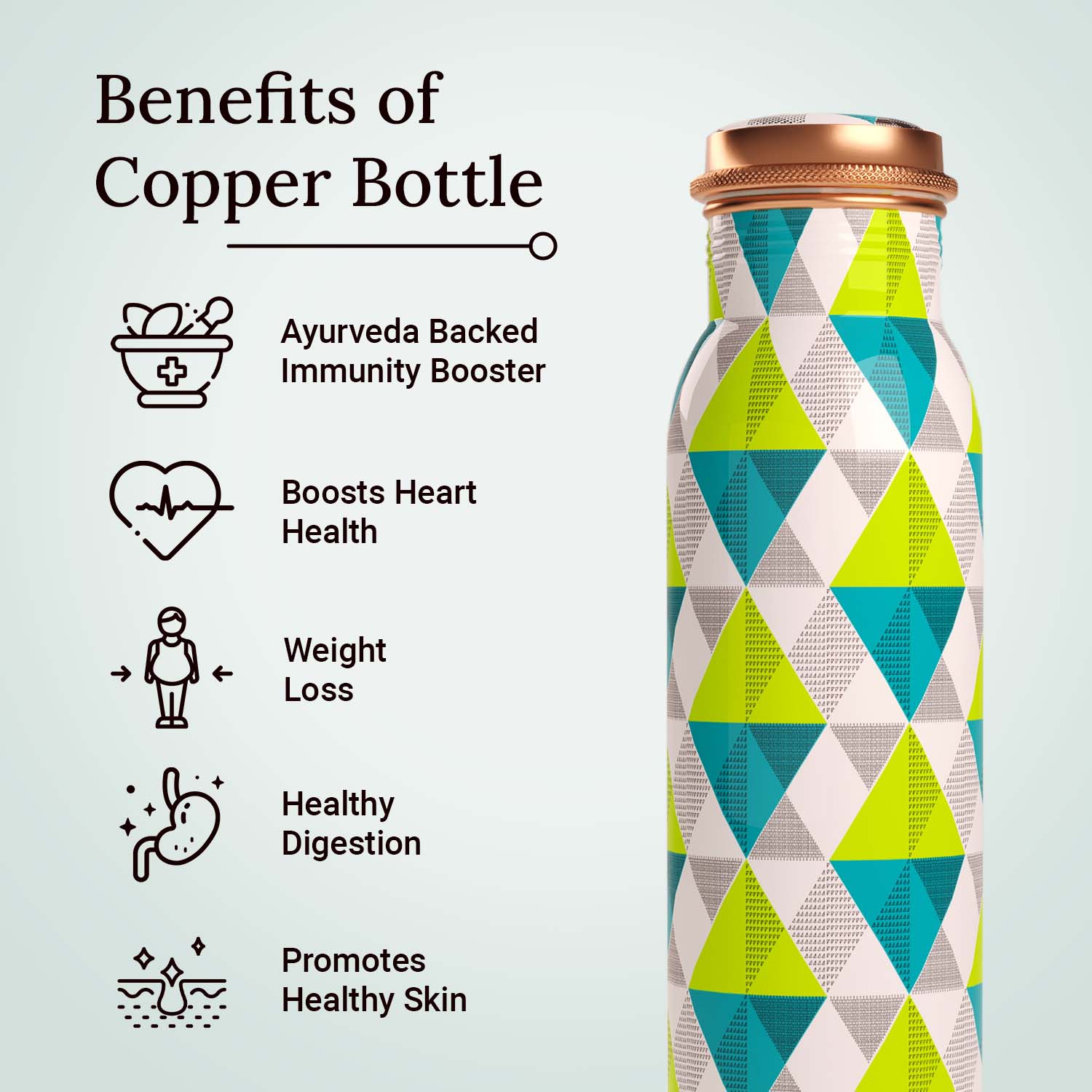 Teal Green Geometric design copper bottle copper water bottle 1 litre printed copper bottle benefits of copper water #color_teal green geometric