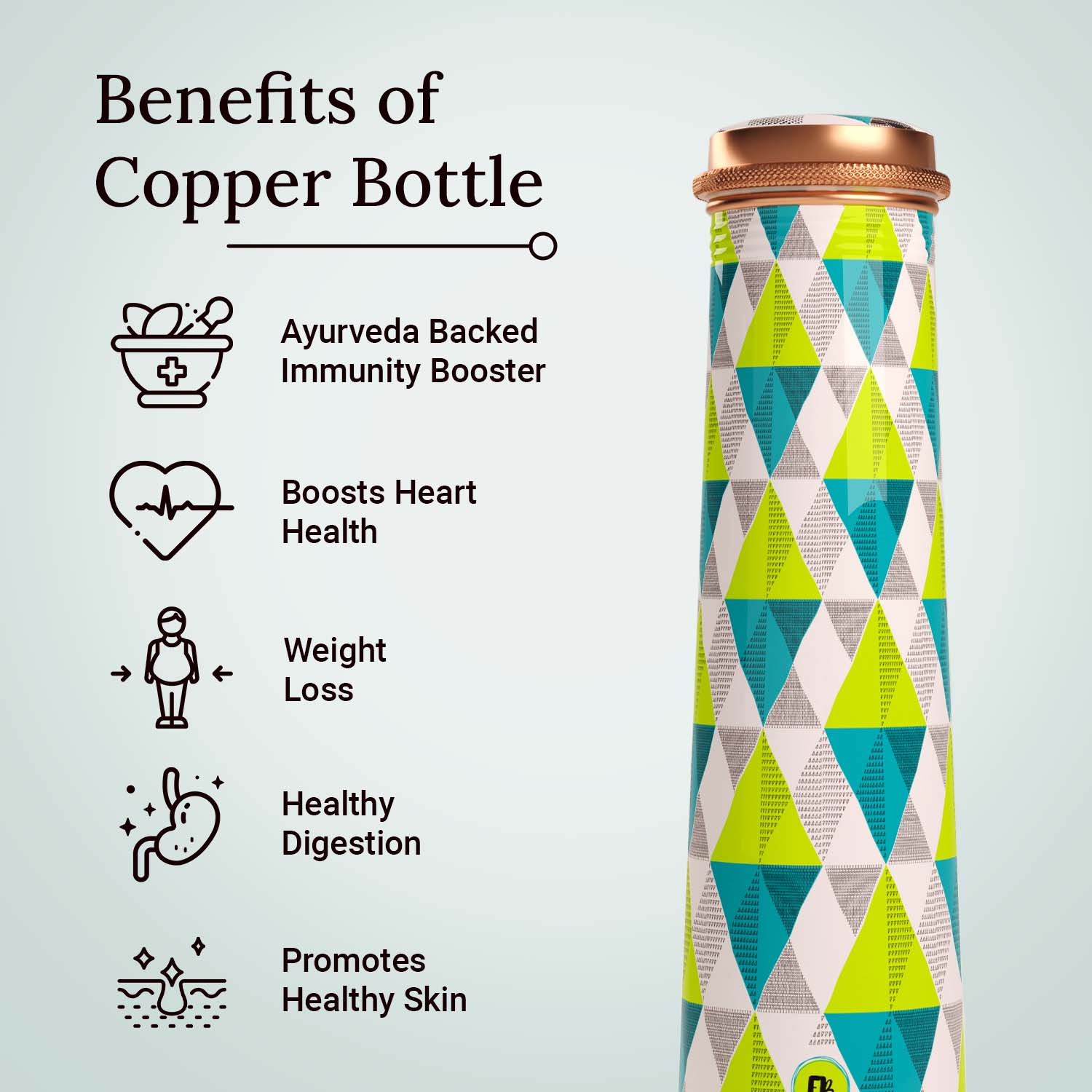 Teal Green Geometric design copper bottle copper water bottle 750ml printed copper bottle benefits of copper water #color_teal green geometric