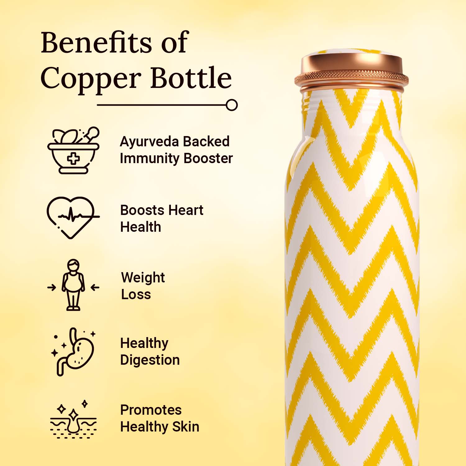 yellow zig zag design copper bottle copper water bottle 1 litre printed copper bottle benefits of copper water #color_yellow zigzag
