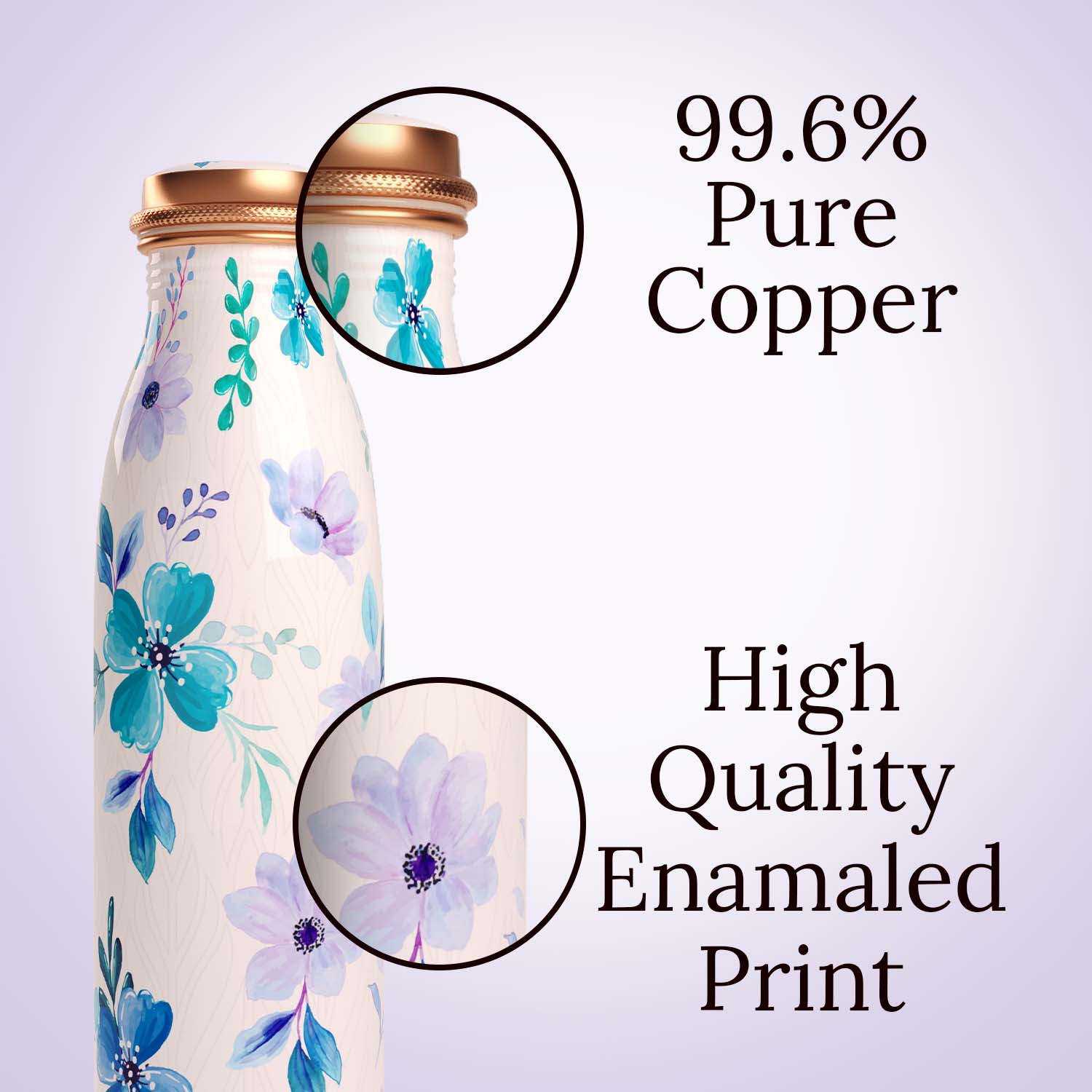 white flower design copper bottle copper water bottle 1 litre printed copper bottle benefits of copper water #color_white flower