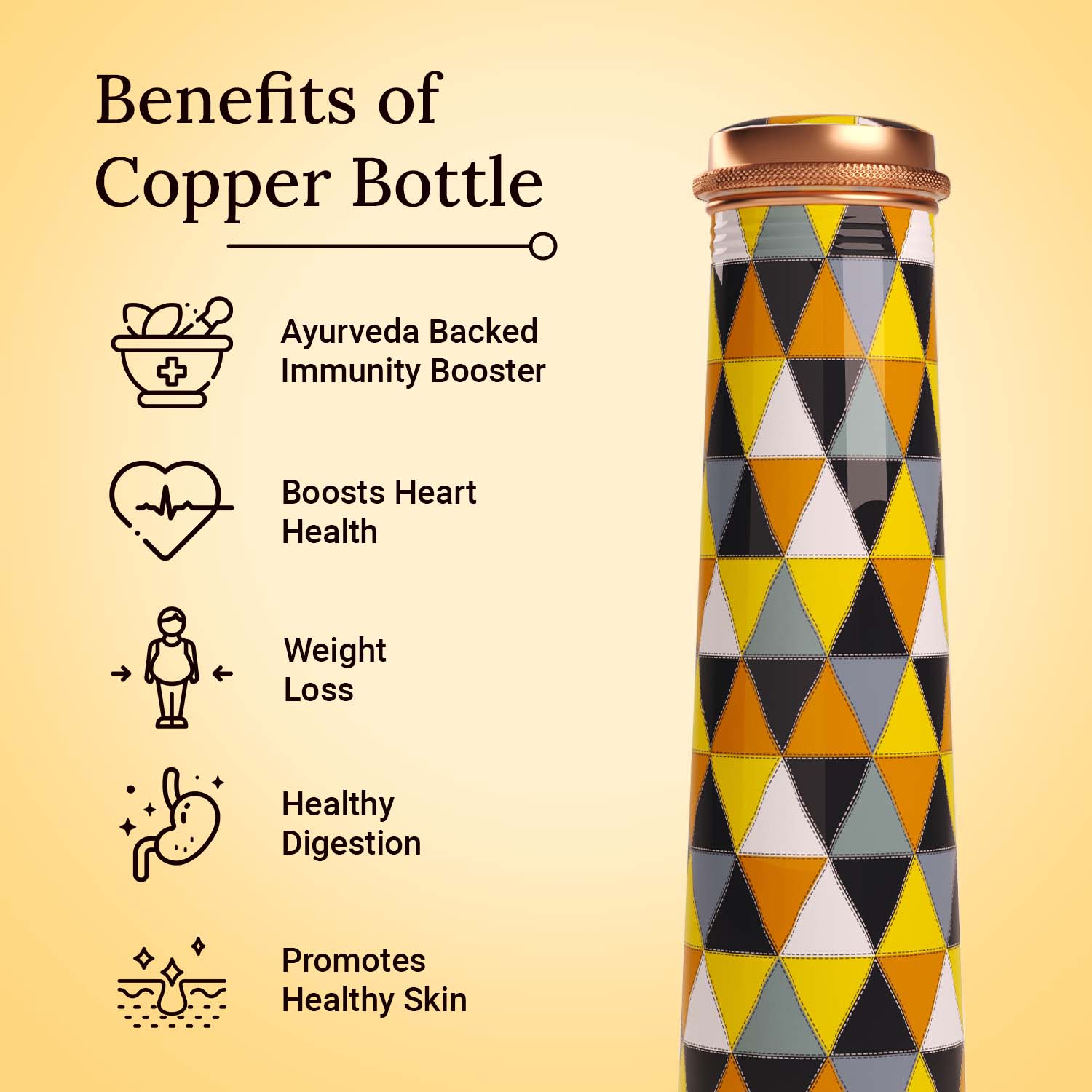 Yellow Black Geometric design copper bottle copper water bottle 750ml printed copper bottle benefits of copper water #color_yellow black geometric
