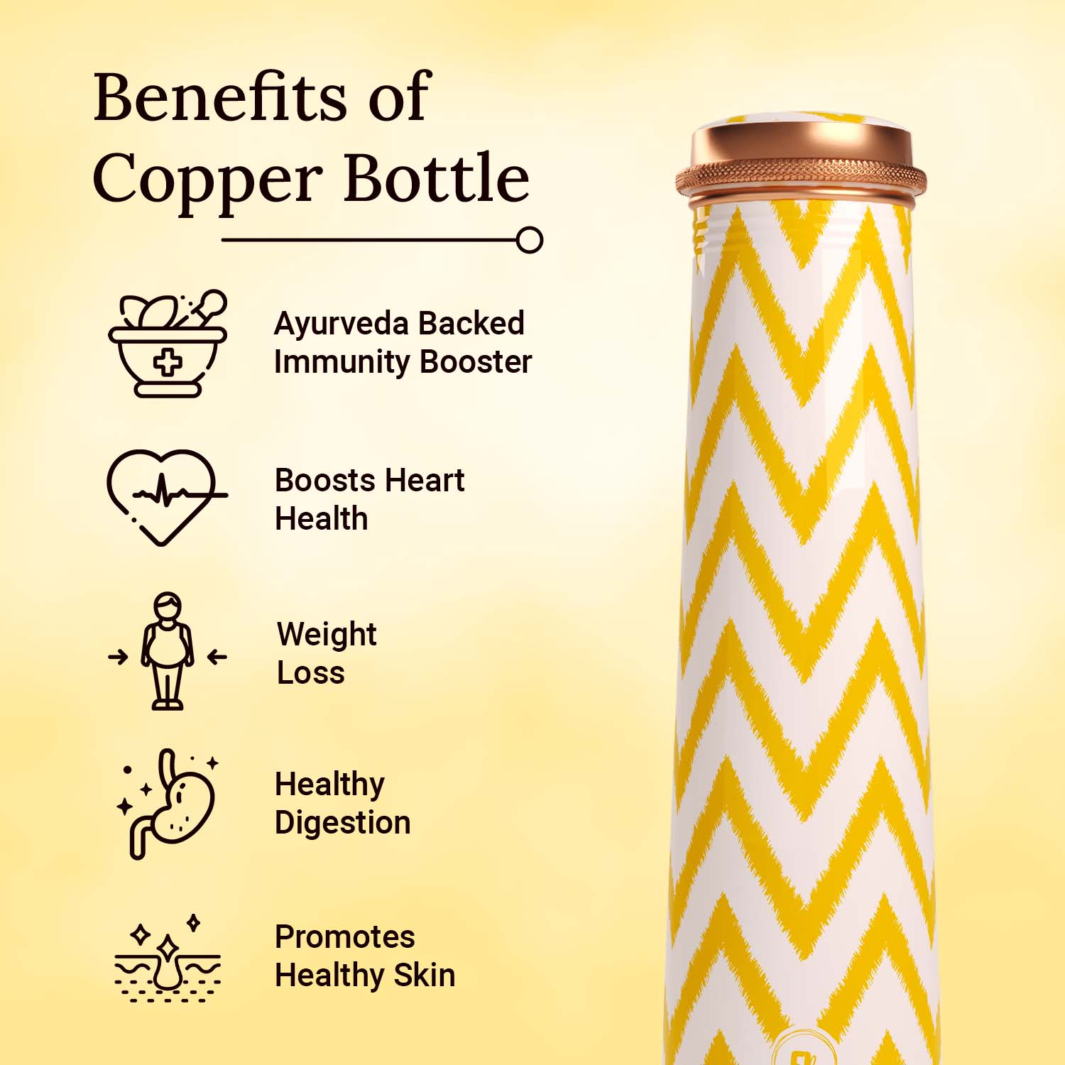 yellow zig zag design copper bottle copper water bottle 750ml printed copper bottle benefits of copper water #color_yellow zigzag