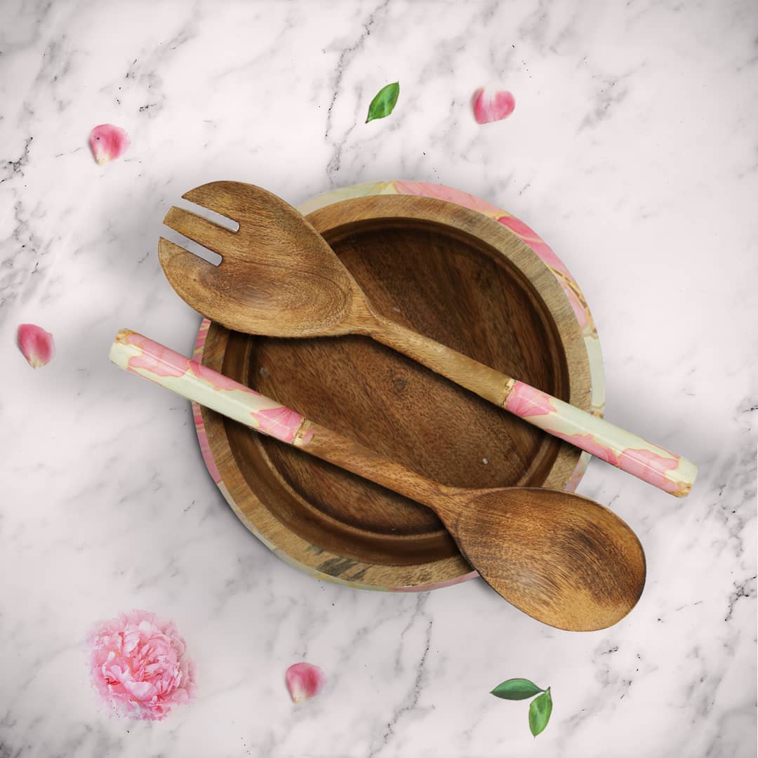 Floral Meadow Wooden Salad Bowl With Servers