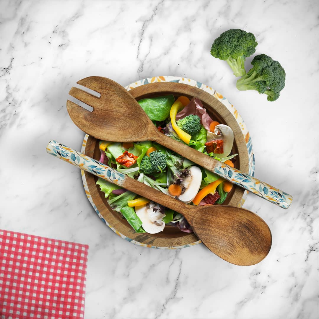 Rustic Wooden Leafy Affair Salad Bowls with Servers and Platters