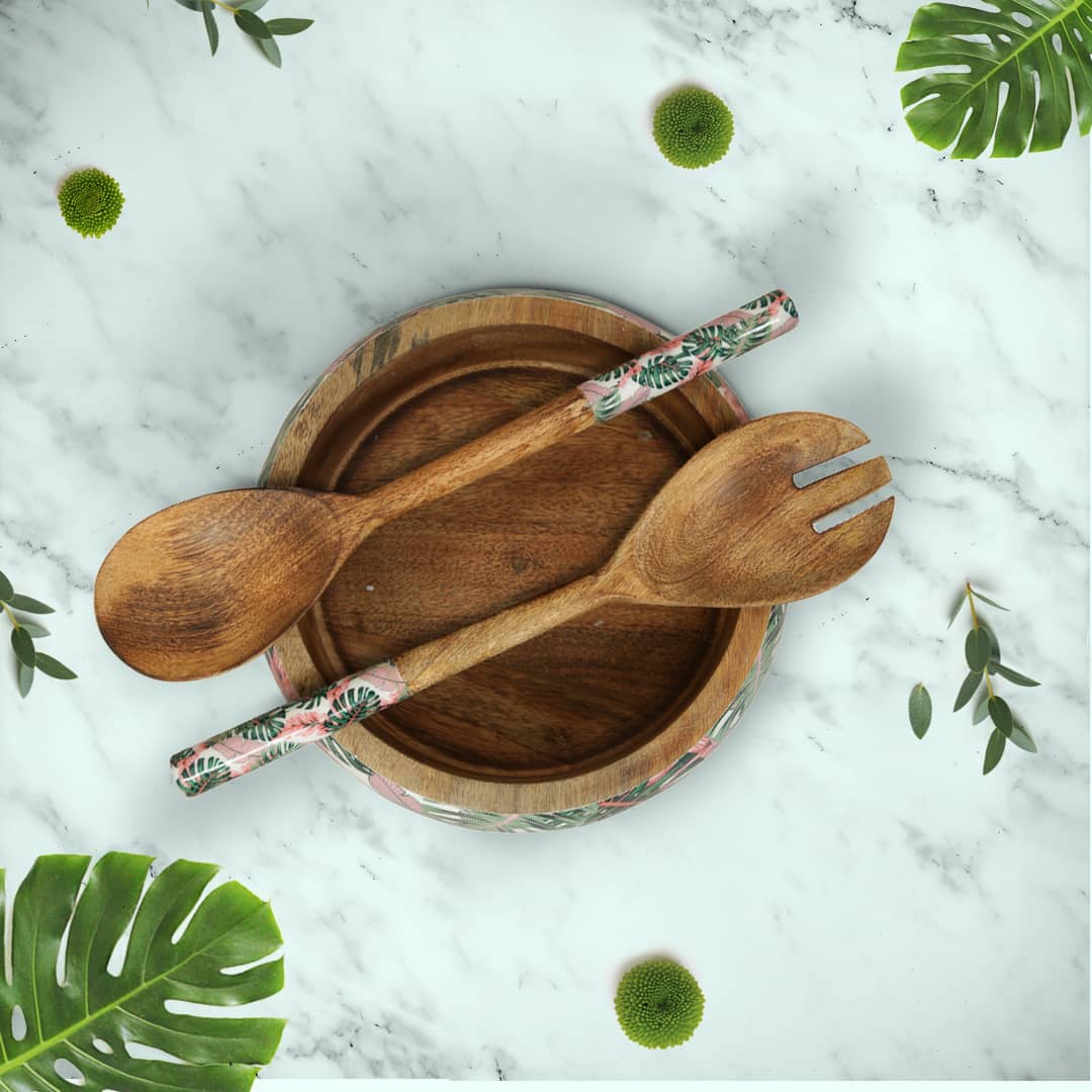 Tropical Forest Wooden Salad Bowl With Servers